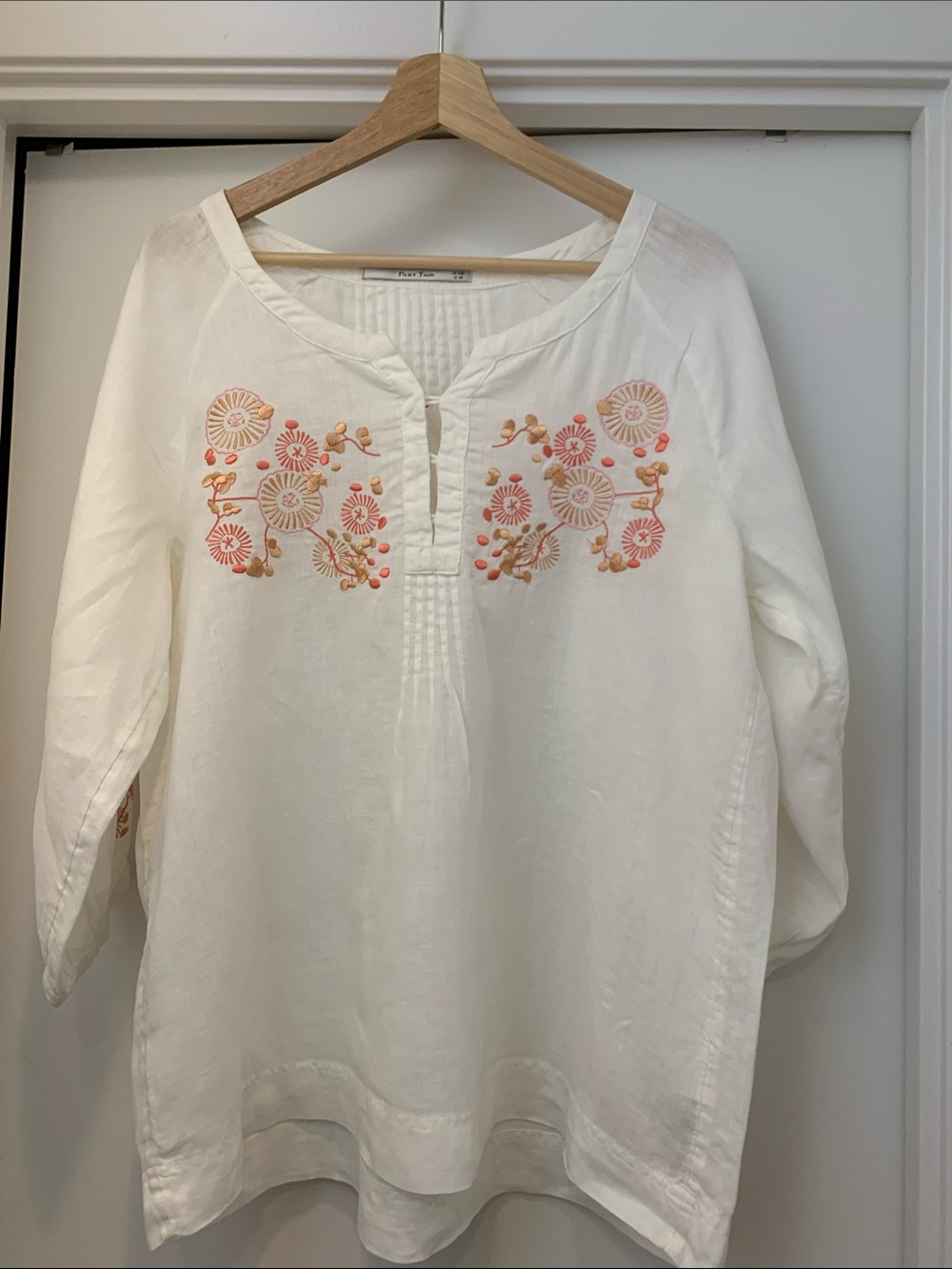 White Embroidered Linen Tunic Top with Pink Floral Accents